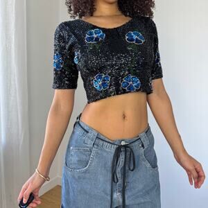 Vintage Sequin Floral Crop Top in Black & Blue (S)